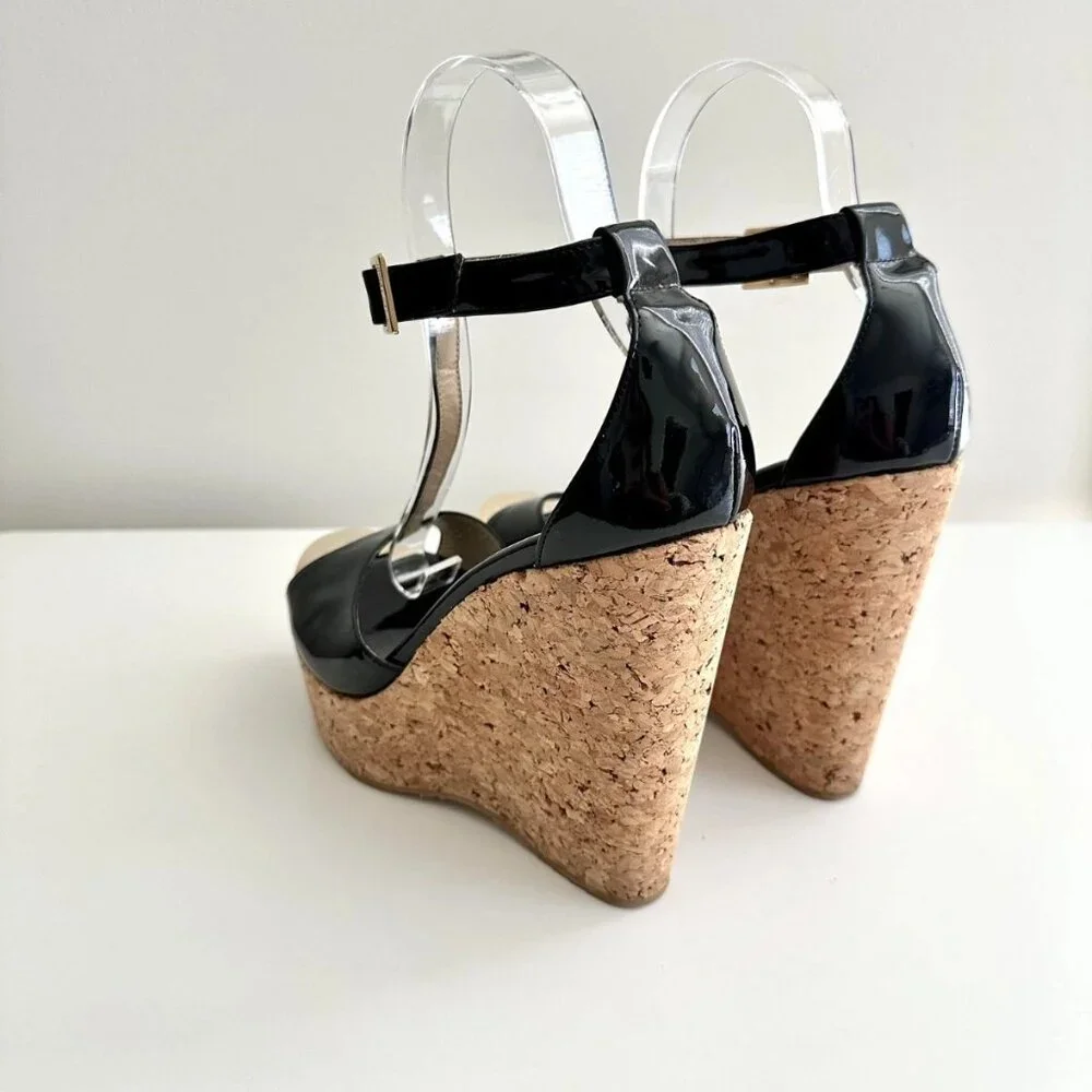 JIMMY CHOO Black Patent Leather T-Strap Platform Cork Wedge Sandals Size 38